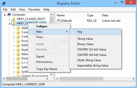 Cara membuat registry key baru.