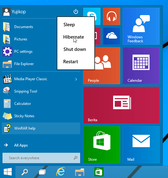 Opsi Hibernate Start Menu Windows 10