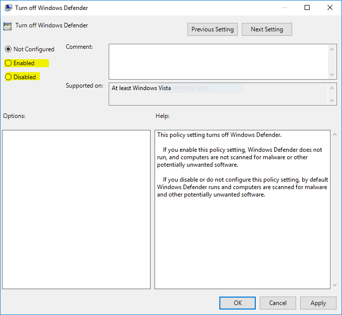 Group Policy on off Windows Defender