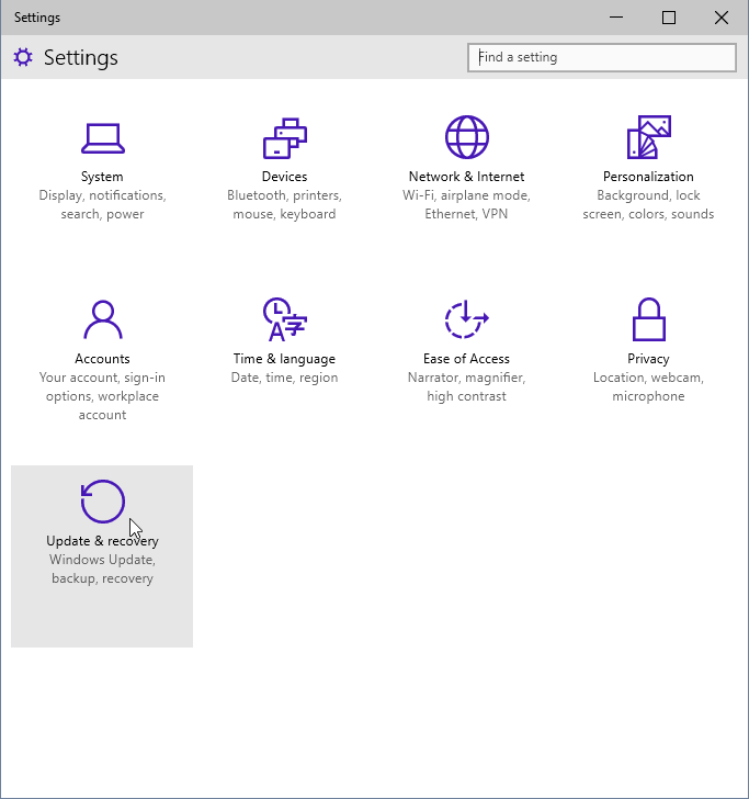 halaman settings Windows 10 build 9926