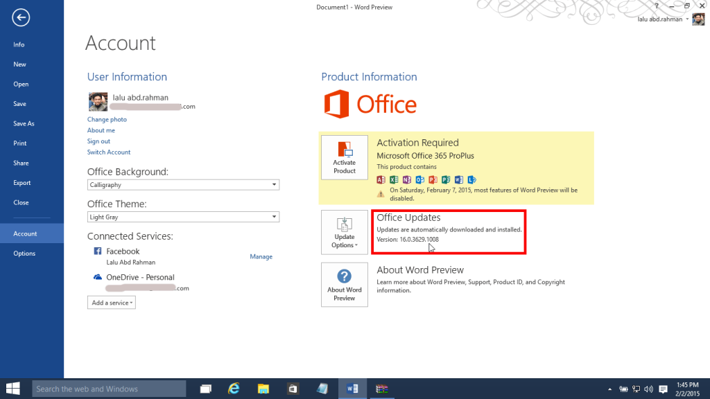 office 2016 preview account