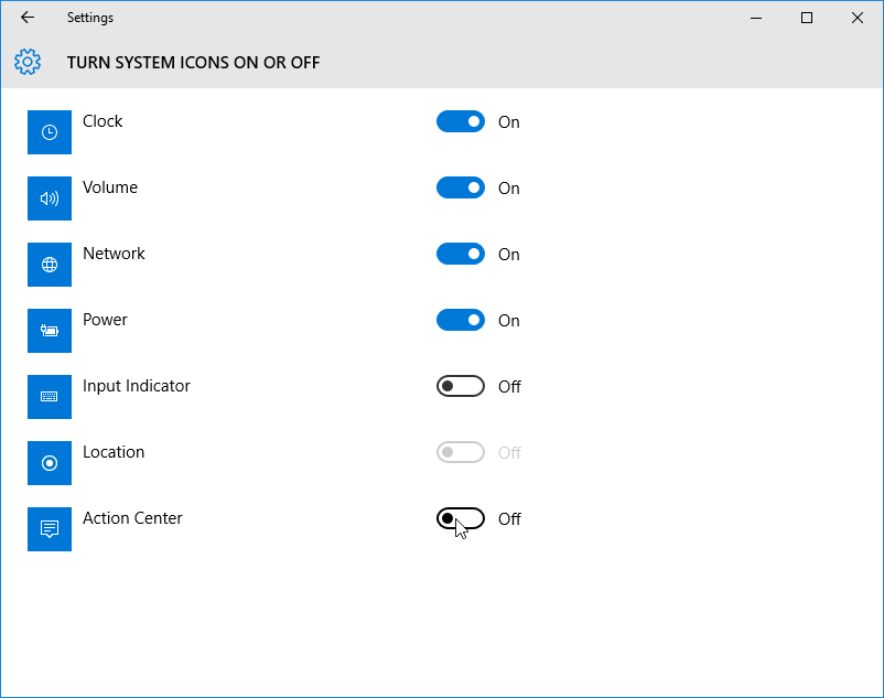 on off action center windows 10