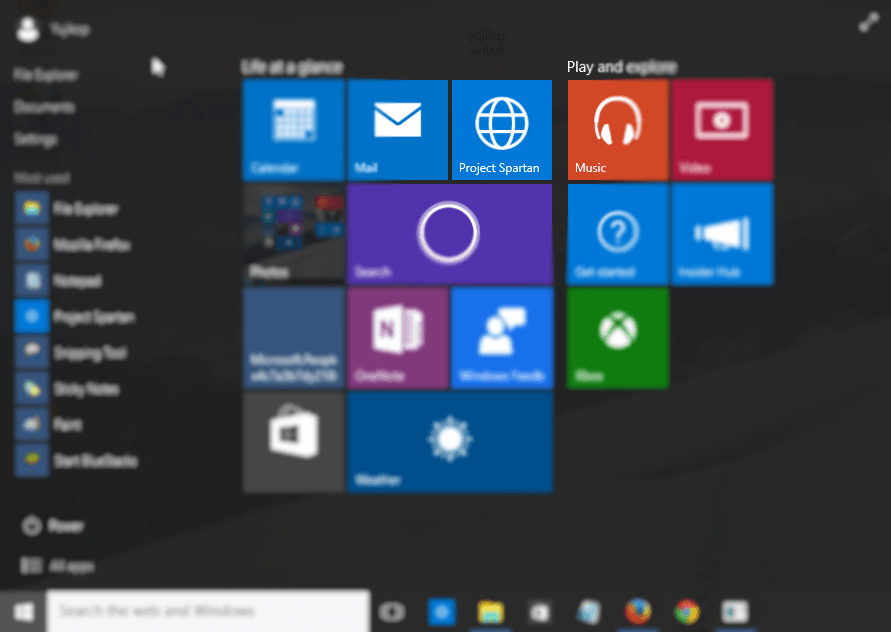 Menu Start Windows 10 build 10056 blur