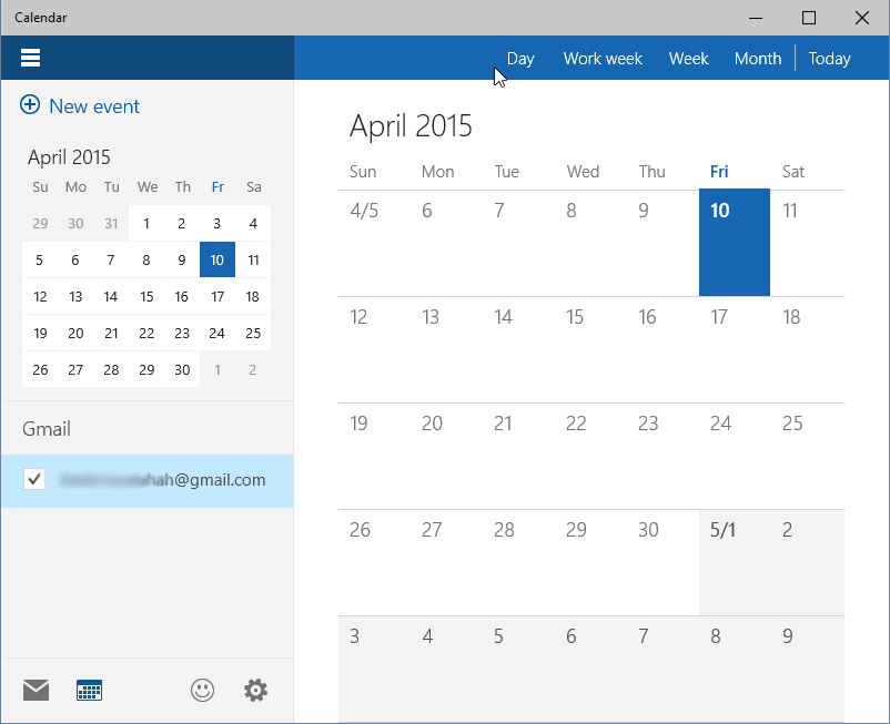menu calendar windows 10