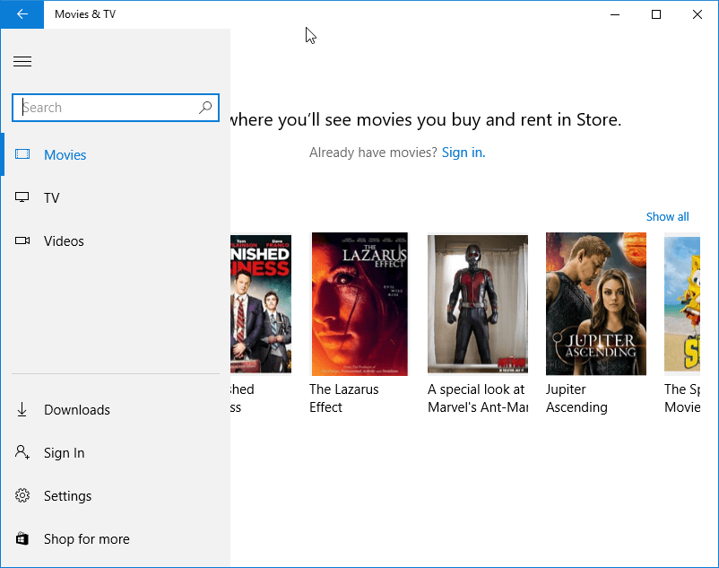 Movies & TV Windows 10 RTM Build 10240