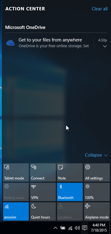 Notification Center Windows 10 RTM Build 10240
