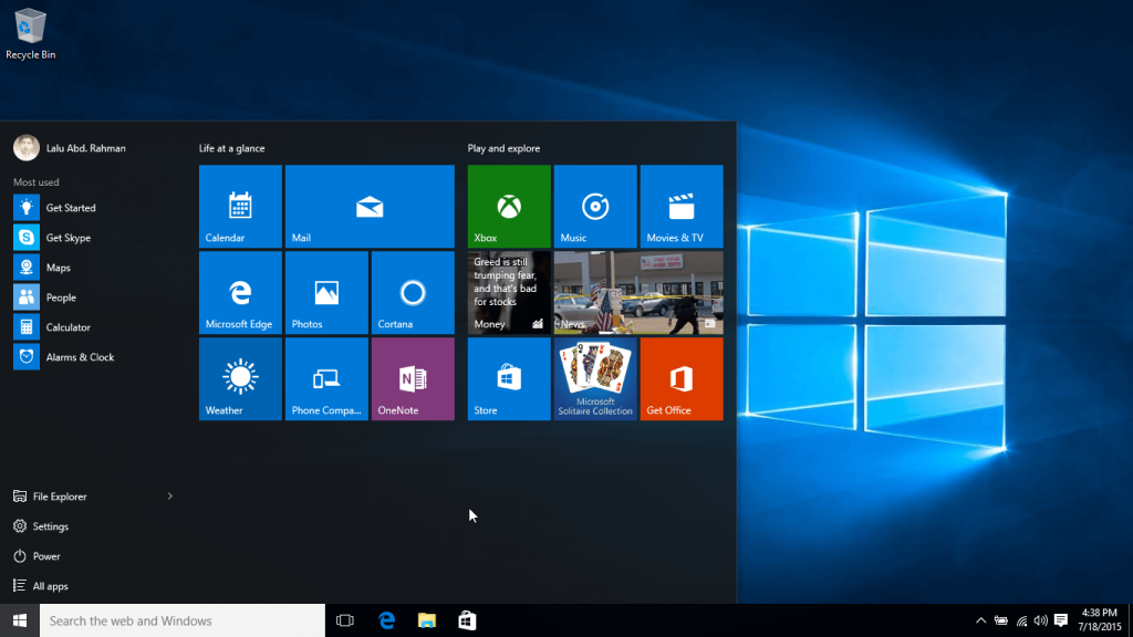 Windows 10 RTM Start Menu