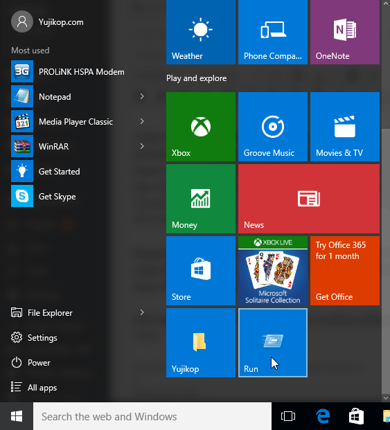 RUN di start menu Windows 10