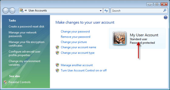 Jenis akun pengguna Windows Vista