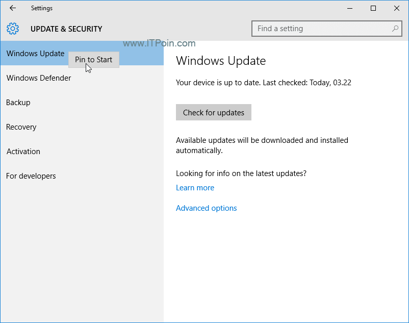 Pin to Start Windows update Windows 10